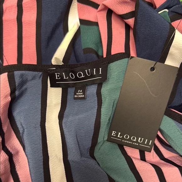 Eloquii Blue and Pink Bell Sleeve Wrap Blouse - Picture 2 of 6